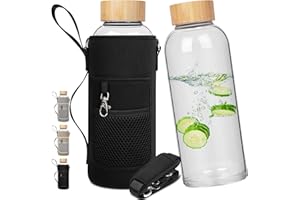 Ferexer Szklana butelka o pojemności 1,5 litra, sportowa, borokrzemowa, szklana butelka na wodę z bambusową pokrywką z pokrowcem neoprenowym, 1500 ml / 1,5 L