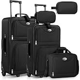 MONZANA Travel Suitcase Set 5 Pieces with Wheels Oxford Fabric Black | 60L Large, 34L Medium, 16L Cabin, 2 Toiletry Bags 3L,