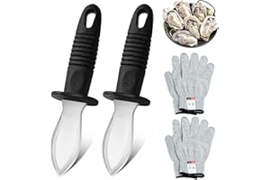 Bestdin Coltello per ostriche - 2 Pezzi Coltello Ostriche con 2 Coppie Guanti Antitaglio Alimentari, Coltello per Ostriche In Acciaio Inox con Impugnatura Ergonomica, Apri Ostriche Professionale