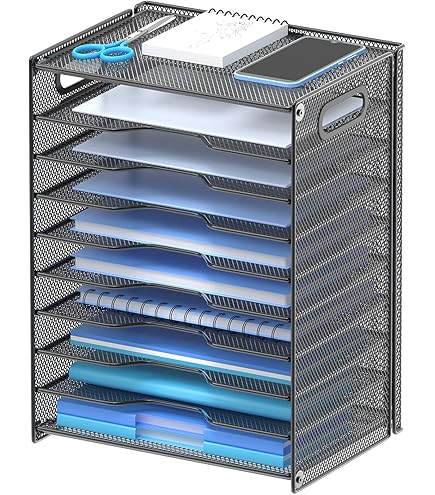 DocNest Bac à Courrier à 4 Niveaux Avec Porte-stylo, Organiseur De Bureau En Maille, Accessoires De Rangement De Bureau – Noir