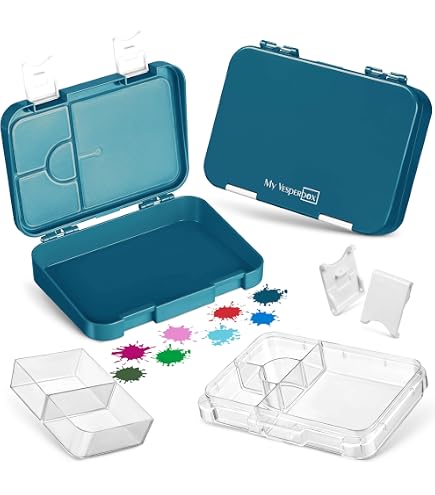 My Vesperbox Boîte à Repas Enfant 4+2 Compartiments - Ultra Robuste Tracteur Bleu Avec Pendentif