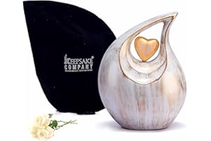 KEEPSAKE COMPANY Große goldene weiße Tropfenurne mit goldenem Herz für menschliche Asche für Männer – Urne für Erwachsene Männer und Frauen – Herzurne, 2,5 l, weiß-goldene Tropfenform