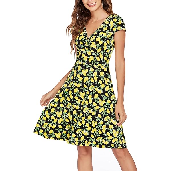 Zeagoo Zomerjurk voor dames, A-lijn, V-hals, bloemenjurk, elegante korte mouwen, vrijetijdsjurk, jerseyjurk, knielang, swing, stretchy jurken, Bloemen 11, L