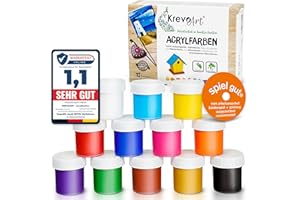 Krevo Art High-Quality Acrylic Paints, Waterproof Acrylic Paint, 12 Highly Pigmented Paints, 20 mL Each, Craft Colours for Paper, Stone, Wood, Clay, Plaster, Canvas