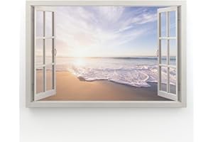 Estika - Cuadros de lienzo con vistas a la ventana - playa, mar - 90 x 60 cm - 1 pieza mural, imagen sobre lienzo, decoración moderna para salón dormitorio - cuadros paisajísticos naturales - 5998A_1L