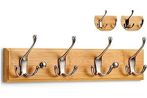 LARHN Wall-Mounted Coat Rack - 4 Matt-Nickel Triple Coat Hooks for Wall on Stylish Wooden Bamboo Base - 42 cm - All Fixings Included