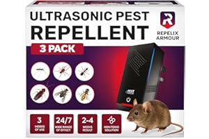 REPELIX ARMOUR Indoor Ultrasonic Pest Repeller – Pack of 3 – Covers 140m² per Device – 3 Modes – Repels Mice, Rats, Spiders, Mosquitoes, Ants, Bugs & Flies