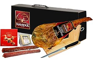 Lote Jamón Navidul con Jamonero y Cuchillo, Cuña de Queso JamonOnline.es, 1 Chorizo Ibérico y 1 Salchichón Ibérico, 1 Caja de Bombones Nestlé.
