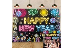 BUTEN Neon Happy New Year Backdrop Disco Glow in The Dark New Years Eve Party Background Neon Glitter Color Fireworks Decorations 2026 NYE Party Supplies Photo Props (6X4FT(70 x 40 inch))