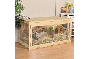 LeFluffy Wooden Hamster Cages for Syrian Hamsters, Gerbil Cage, Large Hamster Cage, Transparent Small Animals Cage with Acrylic Window and Openable Top for Chinchilla (80 x 41 x 40 cm)