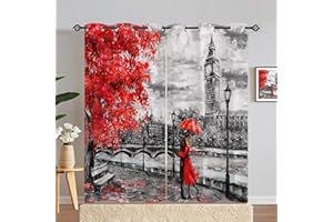 ANHOPE Ölgemälde London Big Ben Rot Baum Gardinen Blickdichte Thermo Vorhänge mit Ösen Kinder Mädchen Vorhang Blackout Curtain Wohnzimmer Schlafzimmer Verdunklungsvorhänge 2er Set H 229 x B 168 cm