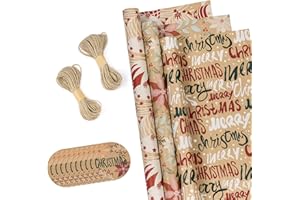 RUSPEPA Rotoli Di Carta Da Regalo Natalizi Con Etichette, Corde Di Iuta - 43 cm X 3 Metri Per Rotolo, Totale Di 3 Rotoli