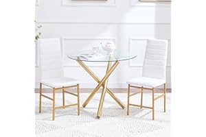 PAONNE 3 Pieces Gold Legs Dining Set for 2, Round Glass Dining Table with Faux Leather Chair for Home Kitchen, Apartment and Resturant