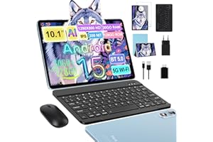 fezawio Tablette Android 15 avec 5G WiFi 10 Pouces 5G 30Go RAM + 128Go ROM(2To Extensible), Widevine L1, Octa-Core 2.0GHz/8000mAh/8+5MP/Double Haut-parleurs Tablettes avec Clavier+Souris et Cas-Bleu