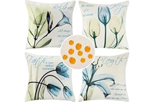 HOMESTILEZ Fundas de Cojines Impermeables 40x40 cm para Sofá Juego de 4 Fundas de Almohada Cuadradas de Lino y Algodón con Flores Azules para Decoración del Hogar Interior y Exterior Jardín Terraza Verano