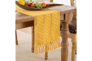 SERENTO Camino de Mesa Macramé Rústico Bohemio con Borlas Camino de Mesa de Algodón y Lino Rústico Decoración de Mesa, Fiesta, Cumpleaños, Boda, 30 x 180 cm Color Amarillo