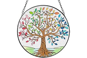 BLISSIQUEE Baum des Lebens, Glasmalerei, Wandbehang, Sonnenfänger, Vierjahreszeiten-Thema, bunte Blätter, Fenster, handbemalte Glasscheibe, Dekoration, Geschenk für Frauen, Weihnachten, Erntedankfest, Geschenk,