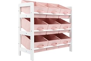 Charles Jacobs 3 Tier Toy Storage Unit with 9 Fabric Boxes for Kids Bedroom (Pink)