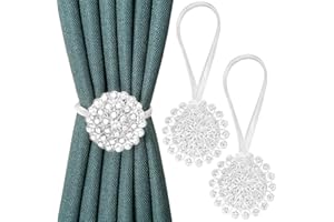 Pinowu Magnetic Crystal Flower Curtain Tiebacks (2 Pack), Decorative Curtain Holdback Buckle Clips with Stretchable String Rope for Bedroom, Living Room, Office