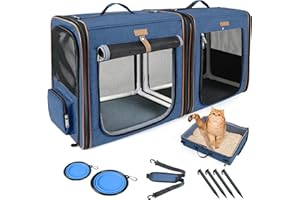 Lekeinchi 2-in-1 Trasportino per Cani e Gatti per Animali Domestici di Taglia Media, Trasportino Pieghevole per Gatto con Telaio in Fibra, Lettiera per Gatti, 2 Ciotole, 2 Tappetini - Blu Media