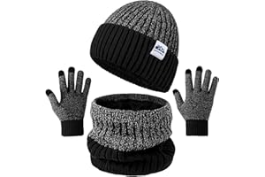 KQUEENSTAR DIRECT Zimowa czapka szalik rękawiczki zestaw - męska termiczna ciepła dzianinowa czapka beanie ocieplacz na szyję i rękawiczki do ekranu dotykowego miękka podszewka polarowa rozciągliwy prezent, Czarny, Rozmiar uniwersalny