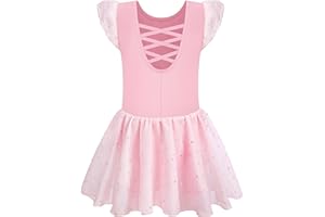 Mulnall Fille Danse Ballet Justaucorps Brillant Vêtements Manches Plissées Dos Croisé Robe de Ballet Enfants Robe de Danse Corps de Danse avec Jupe Tutu