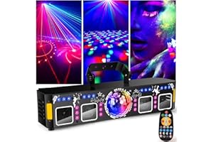 Fwiull 6-en-1 Jeux de Lumière Soiree Professionnel avec Télécommande, Effets RGB UV avec Stroboscope Doré, Contrôle DMX et Sonore, Lampe de Scène pour Fête, DJ, Club, Halloween, Noël