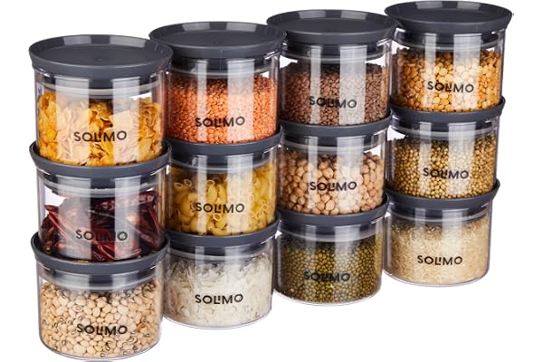 Amazon Solimo Plastic Storage Jar and Container Set I Air Tight & BPA Free Containers for Kitchen Storage Set I Grocery Kitchen Container Set I Multipurpose Jar, 500 Ml Each, Set 12, Grey