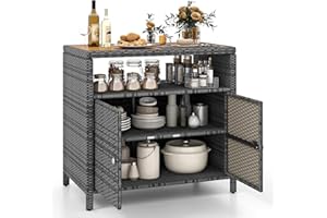 GYMAX Rattan Gartenschrank, Aufbewahrungsschrank mit Doppeltür, Buffetschrank mit Akazienholz Arbeitsplatte & offenes Regal, Haushaltsschrank, Beistellschrank für Balkon & Pool, 90x53x86cm (Grau)