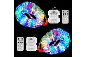 Jimhaby 2 Pack 15m 150 LED RGB Rope Lights, Battery Powered, Remote 16 Colours Waterproof Garden Lights