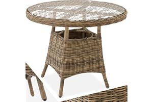 TecTake® Large Rattan Garden Table with Durable Polyrattan Weave - Weather-Resistant Aluminium Frame & Safety Glass Top - Complements Outdoor Furniture Sets, Easy Assembly - Nature