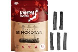 KAMPAI Charbon Actif Eau | Filtre jusqu'à 4.5L / Bâton | Binchotan Naturel | Purificateur Vegetal Bio Carafe filtrante - 6 Mois de Purification Eau du Robinet Bouteille Verre Gourde (5 Bâtons x 1L)