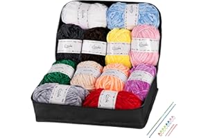 ilauke 12x50g Fil Chenille Doux,Pelotes de Laine et Fils pour Tricot et Crochet,Kit de Pelote Boules de Fil Tressé avec 2 Crochet,2 Aiguilles,8 Marqueurs Epingles et Sac de Rangement Réutilisable