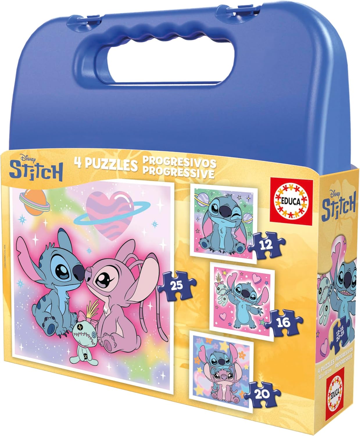 Educa - Puzzle Stitch | Set de 4 Puzzles Infantiles progresivos de 12 a 25 Piezas | Medidas: 16 x 16 cm | Puzles Disney recomendados a Partir de 3 4 5 años (20472)