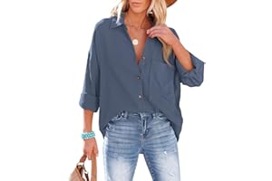 NONSAR Chemisier pour femme - Chemise décontractée avec col en V - 100 % coton - Coupe ample - Solide - Haut épais - Élégant, avec poche