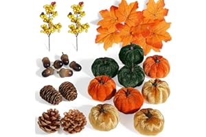 Miaikoe Fabric Pumpkins Set Decor, 25 PCS Autumn Artificial Maple Leaves, Harvest Pumpkins, Acorns, Pine Cones and Orange Berry Stems Decorations for Fall Thanksgiving Table Home