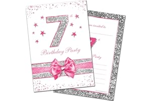 Olivia Samuel 20 x 7th Birthday Party Invitations from Pink Sparkly Design and Photo Effect Silver Glitter - A6 Postcard Size with envelopes