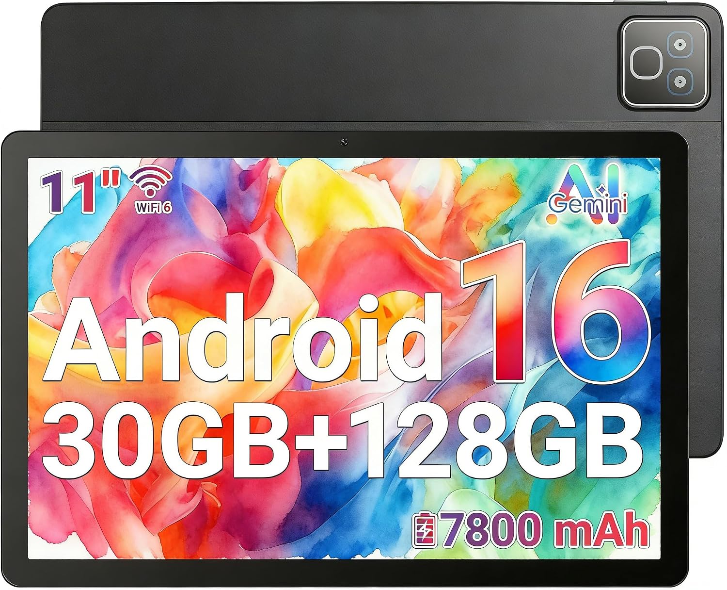 Tableta Android 16, 30GB + 128GB (ampliable a 1 TB), tableta de 11 pulgadas con Bluetooth 5.3, WiFi 6, cámara dual, 5 núcleos, 5 MP + 8 MP, 7800 mAh, tabletas con modo teclado, luces arcoíris(negro)
