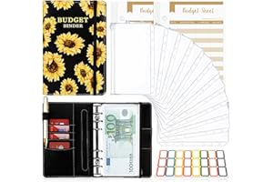 TAOPE Raccoglitore Notebook A6, Binder Budget Set Portadocumenti in Pelle PU con 12 Trasparente Sacchetti Cerniera Compilabile, per Budget Contanti Organizzatore Buste Risparmio Denaro, Girasole Nero