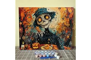 Tucocoo Kit de peinture par numéro Happy Halloween Night pour adultes sur toile avec tête de mort, citrouille, château, peinture acrylique, pinceau, astuce ou bande de roulement - Décoration murale
