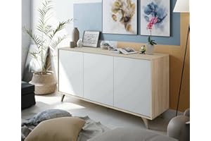 Dmora - Credenza Arvada, Buffet da cucina, Armadio di design da soggiorno, Madia moderna a 3 ante e ripiani, 154x40h75 cm, Rovere e Bianco