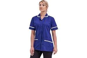 Fashion Link Womens Healthcare Tunic Round Collar Nurses Uniform Maid Dresses with Highlighted Trimming (8, Royal Blue)