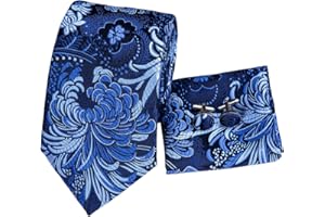 Hi-Tie Men's Solid Tie Jacquard Woven Silk Necktie Pocket Square and Cufflinks Tie Set Gift Box Package