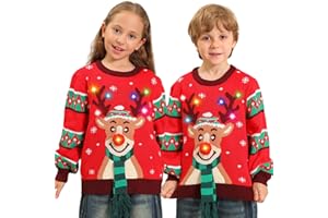 Kouric Christmas Jumper Kids,Boys Girls Light Up Christmas Jumpers,Unisex Funny Novelty Reindeer Led Flashing Ugly Christmas Sweater,Best Festive Tacky Rude Matching Xmas Jumper for Children 4-13years