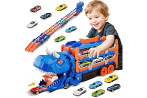 Jumkeet Dinosaur Truck Toys for Kids 3+ Years Old, Swallowing Transport Cars Carrier with Foldable Race Track and 6PCS Mini Alloy Car, Storage Function, Vehicles Sets Gifts for Boys Girls 3 4 5 6 7 8+