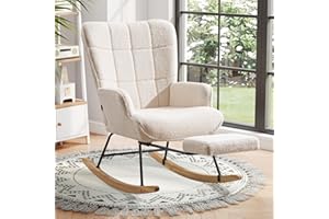 Ckaff - Poltrona a dondolo con poggiapiedi, per allattamento al seno, sedia a dondolo scandinavo in tessuto bouclé e legno massiccio per camera dei bambini, soggiorno, balcone, bianco avorio