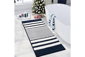 Biscpro Bath Mat Rug Extra Soft and Absorbent Fluffy Striped Chenille,Non Slip Shaggy Bathroom Floor Mat,Machine Washable (Navy Blue, 50 x 120 cm)