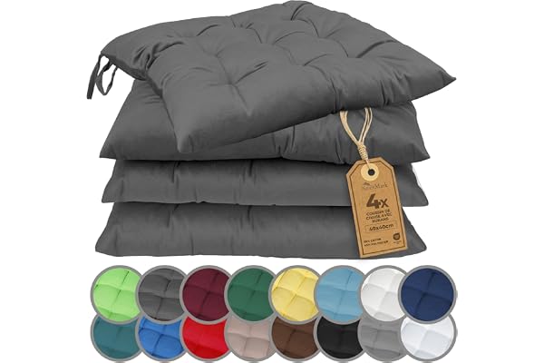 NatureMark Lot de 4 Galettes de Chaises avec Rubans 40x40 cm – Coussin de Chaise Épais pour Intérieur & Jardin – Couleur Anthracite