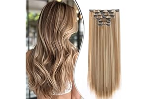 Dcbaboo Extensiones de Cabello Liso con Clip para Mujeres, 6PCS Extensiones de Clip de Pelo Sintetico Postizos de Pelo Largo Recto Clip in Hair Extension, Marrón claro & Rubio blanquecino