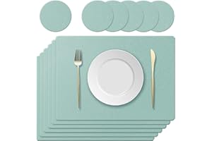 KERYCHIN Silicone Placemats + 6 Round Coasters Set with Non-Slip Leaf Pattern, Heat Resistant 450 °F, Washable Place Mat for Kitchen, Home, Restaurant, Dining Table, 40 x 30 cm, Light Green